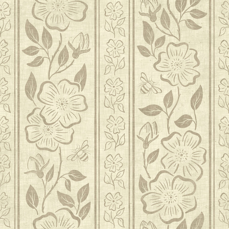 Linen Block Print Floral Stripe - Vintage Inspired Botanical Wallpaper