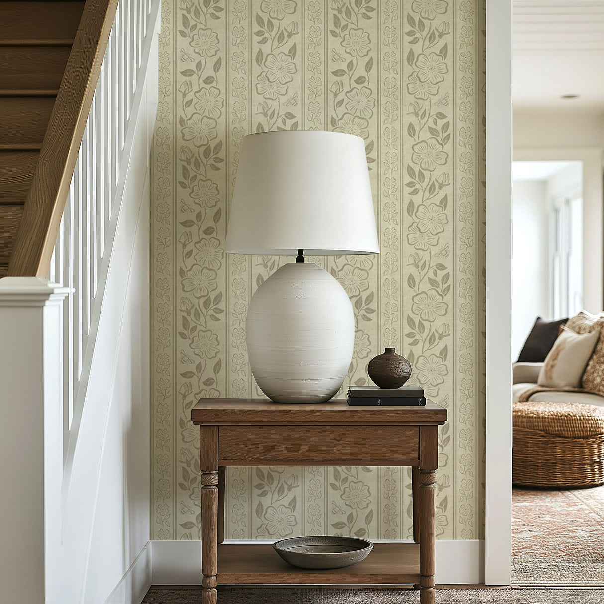 Linen Block Print Floral Stripe - Vintage Inspired Botanical Wallpaper