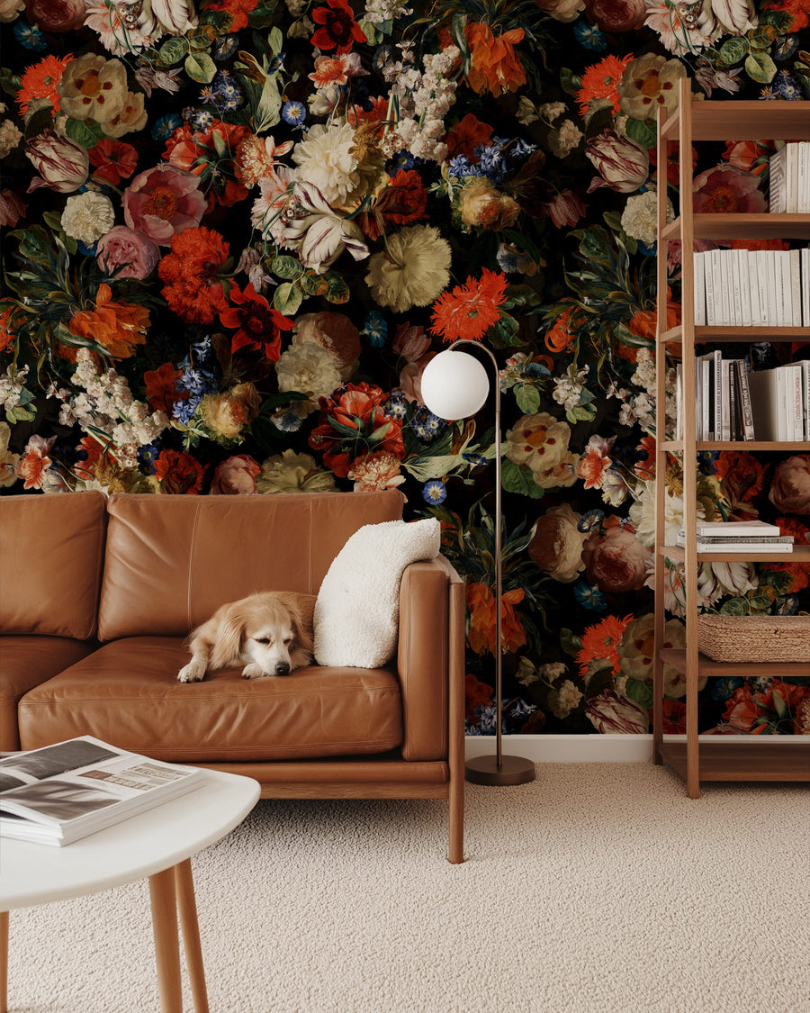 Living room with Dark Floral Wallpaper – Moody Dutch Master Bouquet