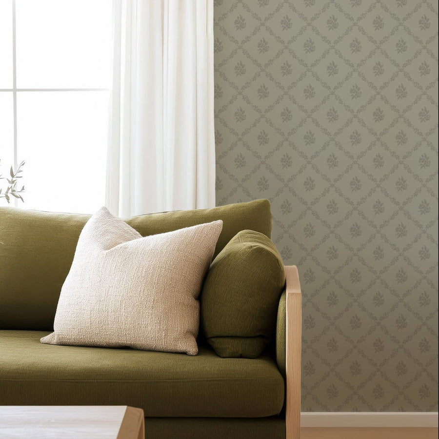 Living room with Della Sage Green Wallpaper