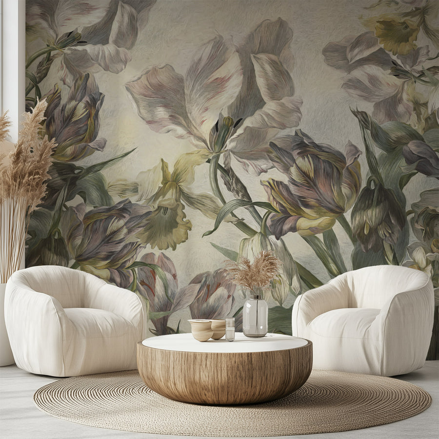 Living room with Historical Dutch Tulip Floral Wall Mural