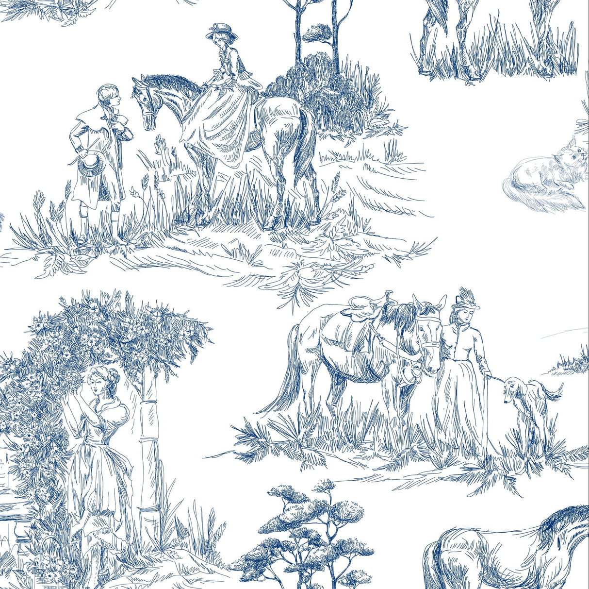 Luxury Blue French Toile Wallpaper - Elegant Countryside Wallcovering