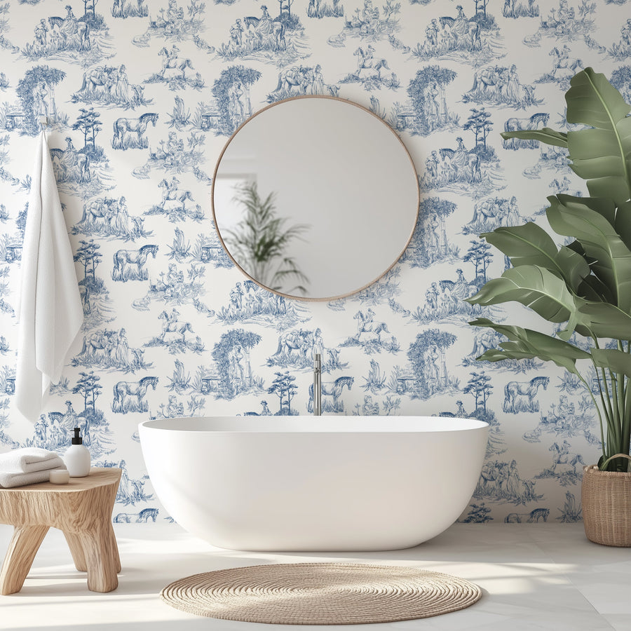 Luxury Blue French Toile Wallpaper - Elegant Countryside Wallcovering