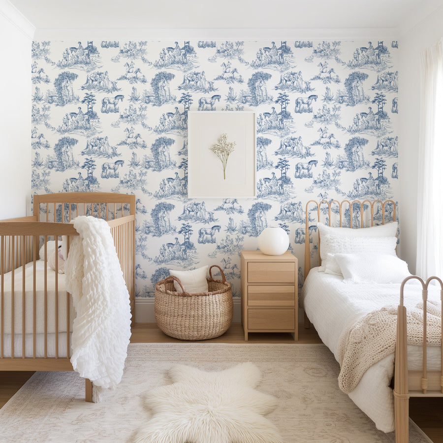 Luxury Blue French Toile Wallpaper - Elegant Countryside Wallcovering