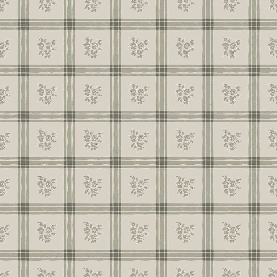 Millie Cream & Green Wallpaper Vintage Floral Plaid