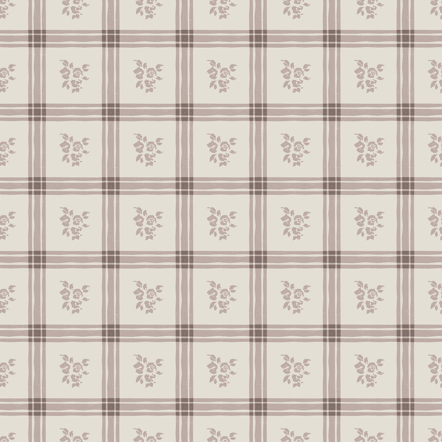Millie Cream and Pink Wallpaper Vintage Floral Windowpane Plaid