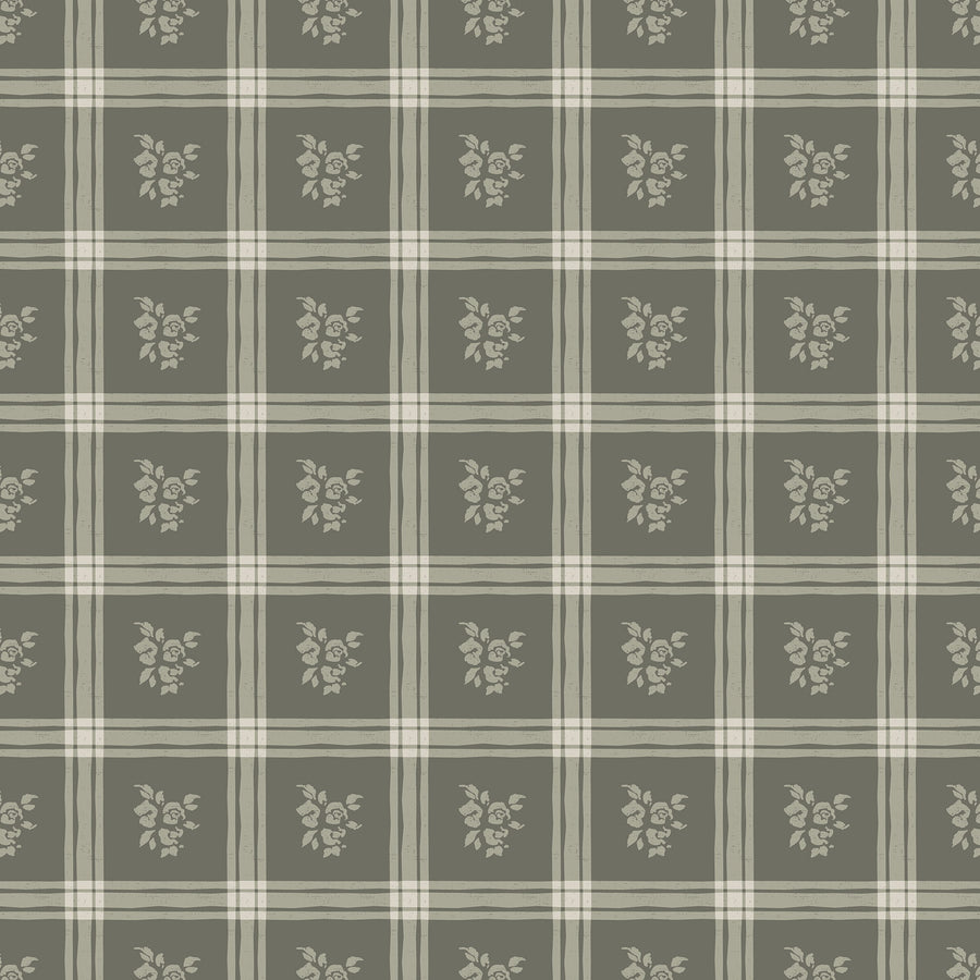 Millie Dark Green Wallpaper Vintage Floral Windowpane Plaid