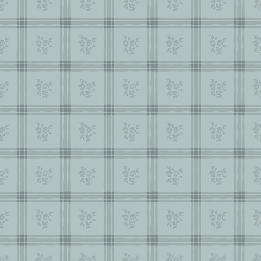 Millie Dusty Blue Wallpaper Vintage Floral Windowpane Plaid
