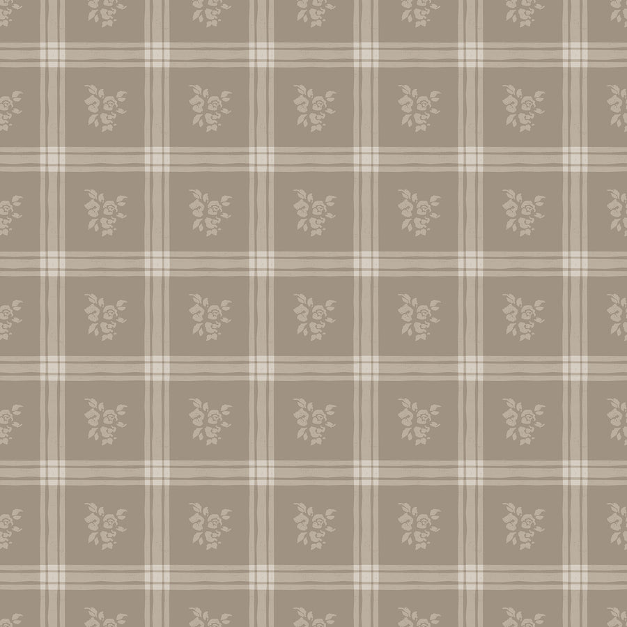 Millie Tan Wallpaper Vintage Floral Windowpane Plaid