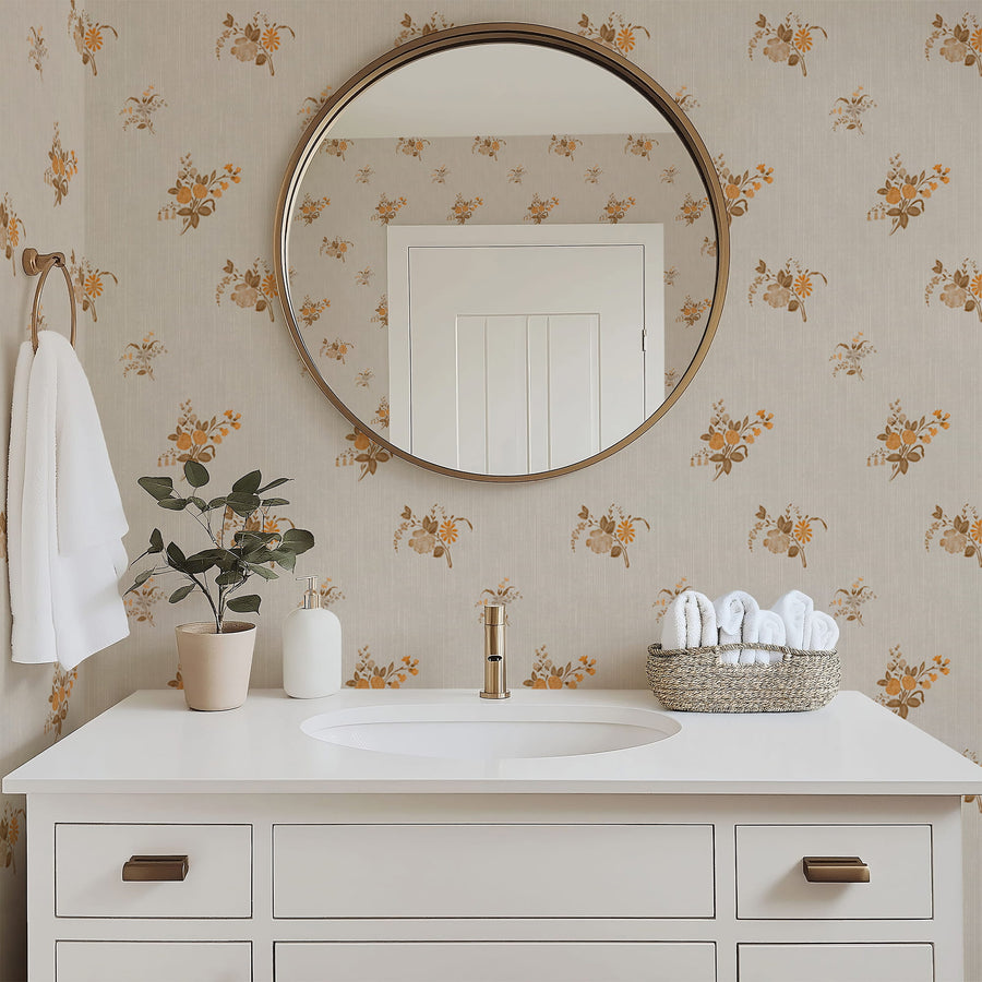 Modern bathroom with Vintage Heirloom Floral Bouquet Wallpaper - Warm Beige