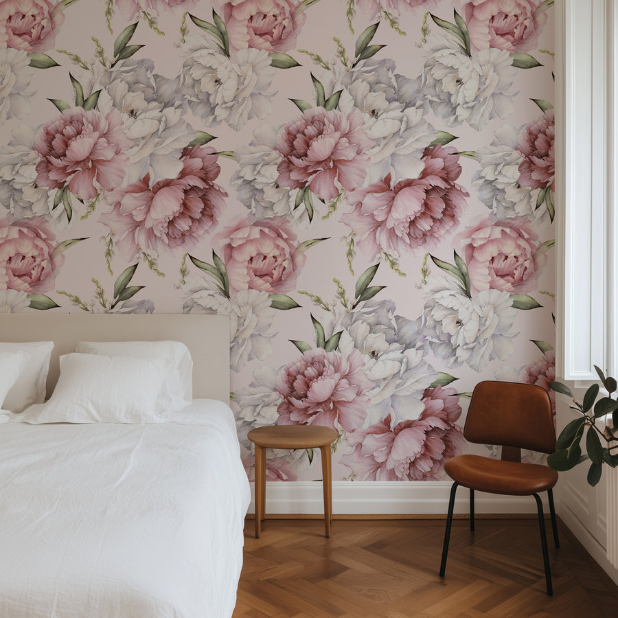Modern bedroom with Light Pink Peony Wallpaper