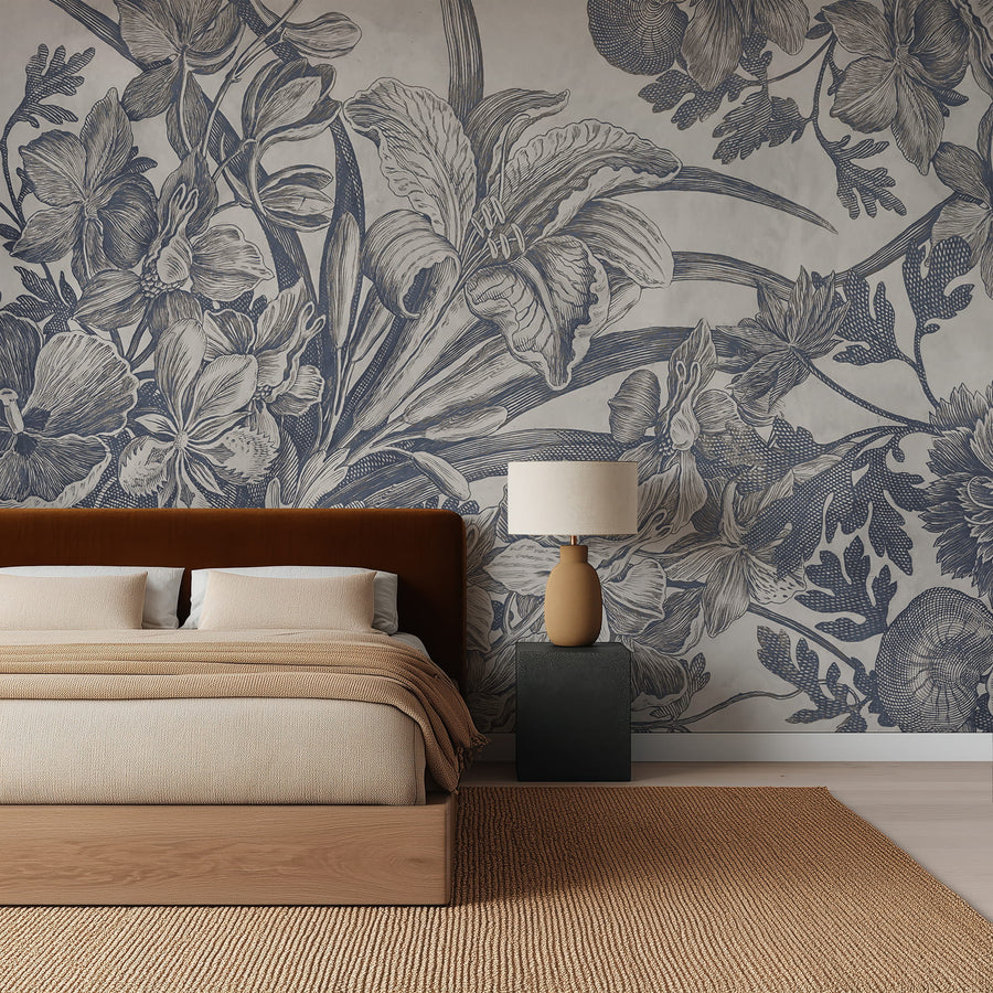 Modern bedroom with Vintage Indigo Botanical Etching Wall Mural