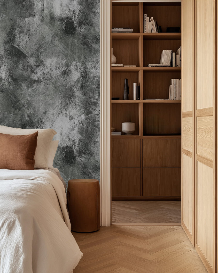 Modern bedroom with wooden bookshelf, bed, and Dark Grey Grunge Concrete Wallpaper