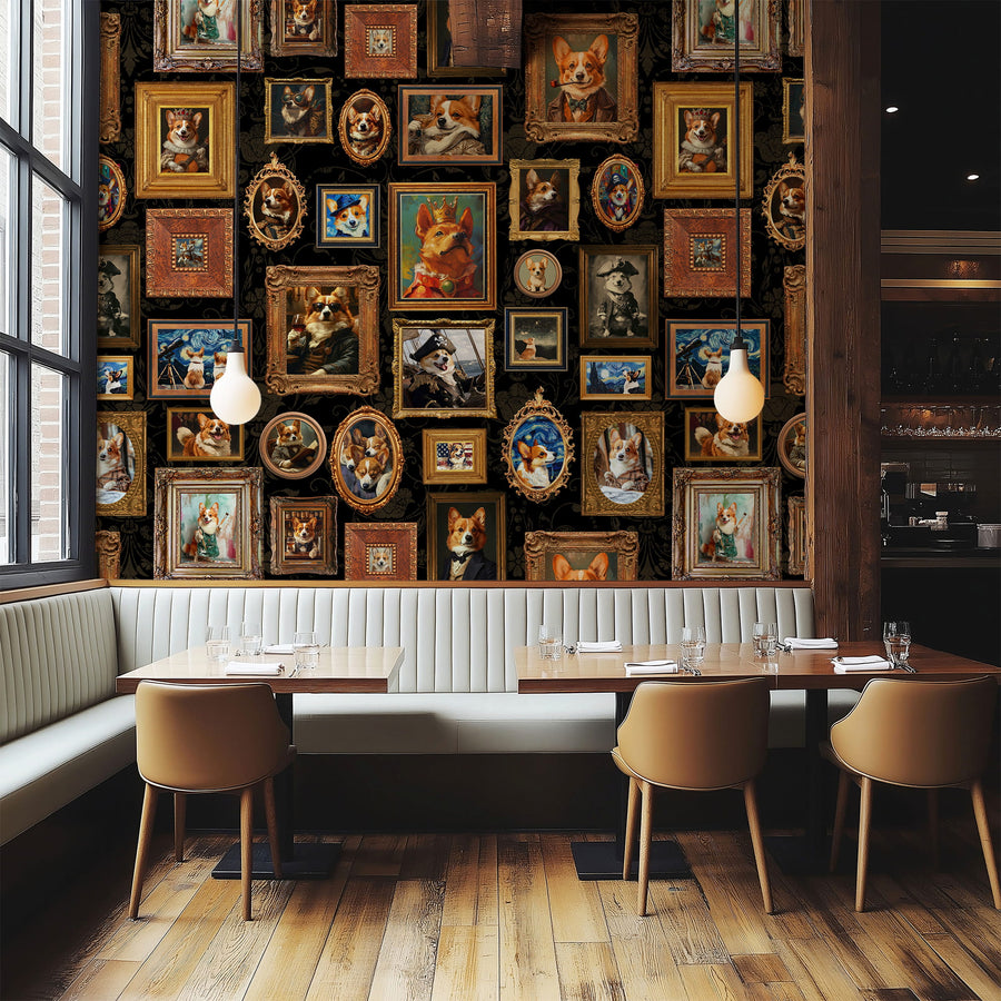 Modern cafe with Vintage Corgi Portrait Gallery Wallpaper