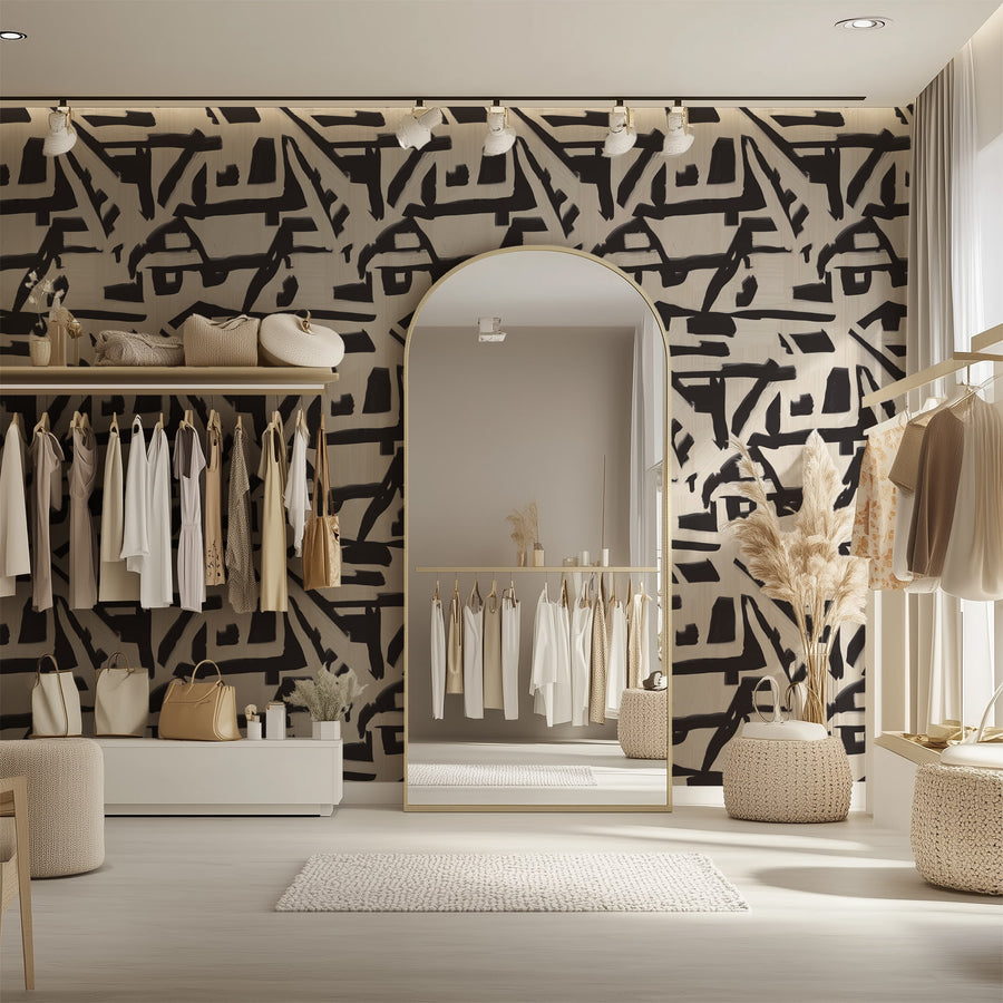 Modern clothing store interior with Room interior with Abstract Brushstroke Wallpaper Cream Black