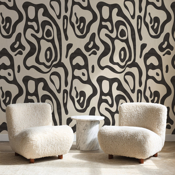 Modern interior with Abstract Topography Wallpaper – Black & Cream Organic Contour