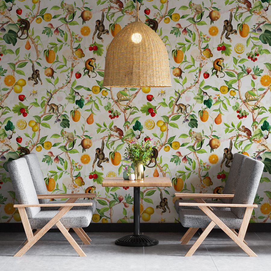 Modern interior with gray chairs, wooden table, and Tropical Monkey Jungle Wallpaper – Fruit & Botanical Pattern