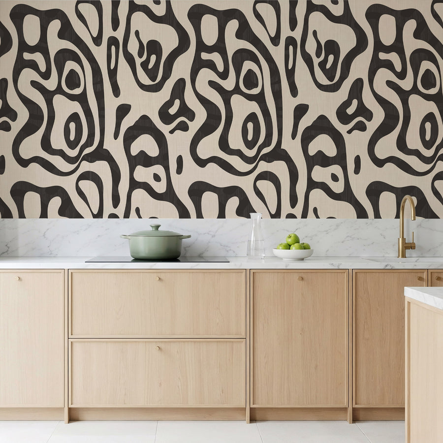 Modern kitchen with Abstract Topography Wallpaper – Black & Cream Organic Contour