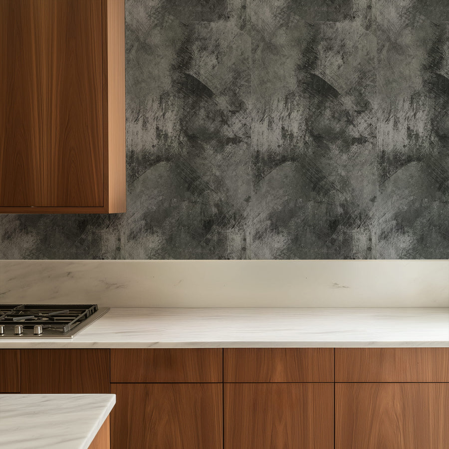 Modern kitchen with wooden cabinets, marble countertop, and Dark Grey Grunge Concrete Wallpaper