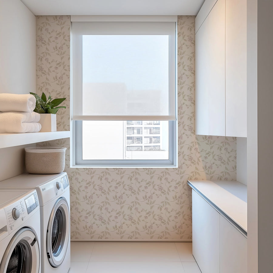 Modern laundry room with Floral patterned wallpaper with small flowers and leaves on a light background