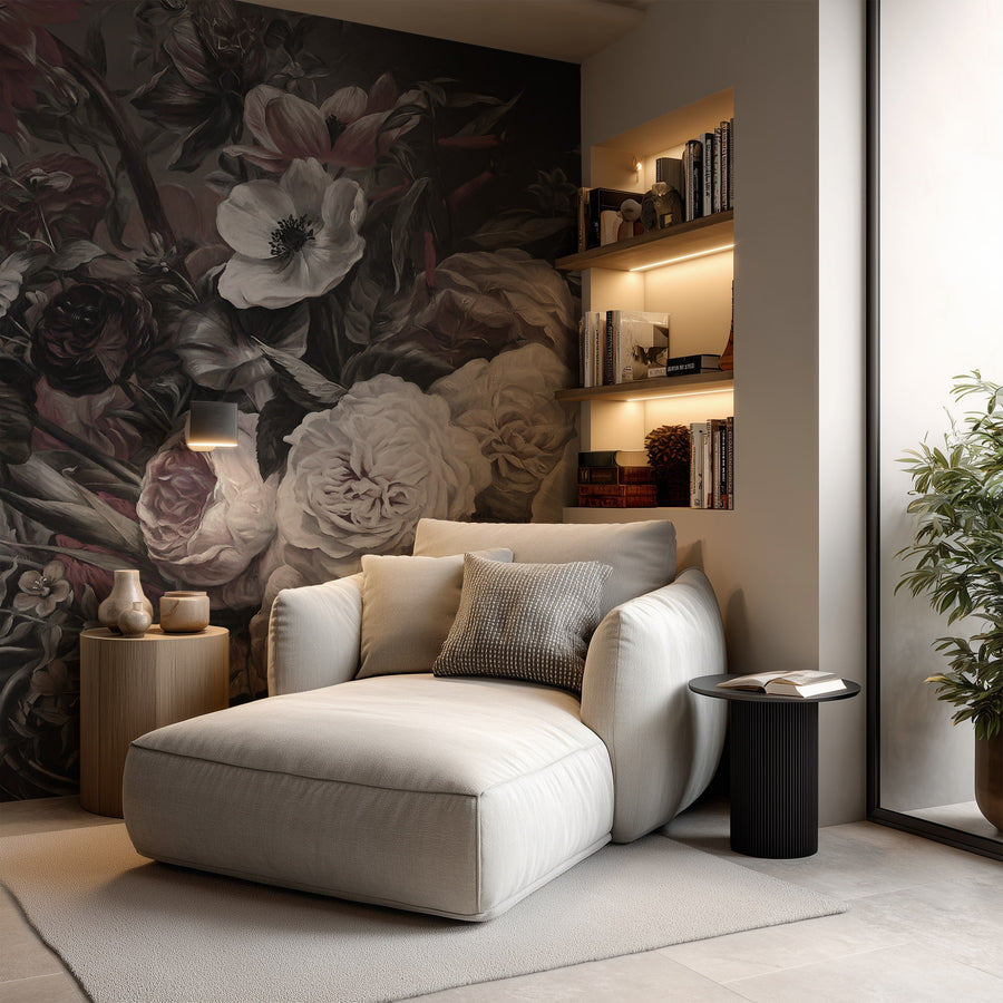 Modern living room with Ophelia Dutch Dark Academia Floral Wallpaper Mural