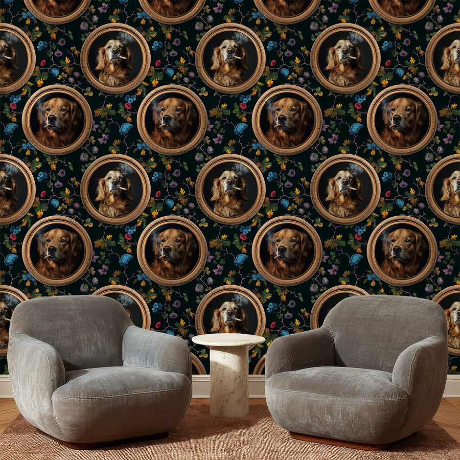 Modern living room with Vintage Dog Portrait Wallpaper – Golden Retriever