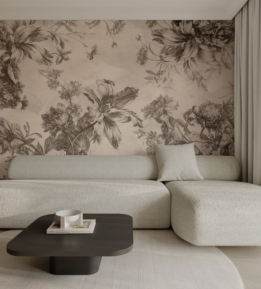 Modern living room with Vintage Ink & Sepia Floral Wallpaper Mural