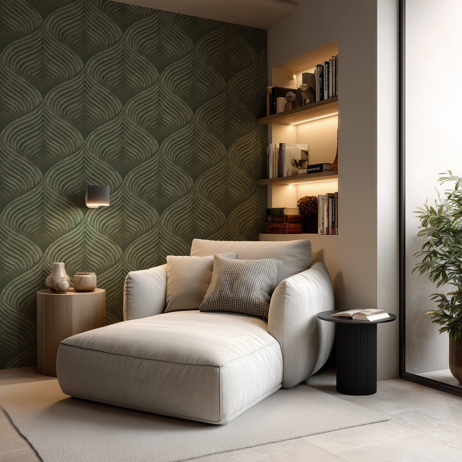 Modern living room with a white sofa, Abstract Petals Wallpaper - Green Art Deco Blockprint wooden table, and orange chairs., and decorative shelves.