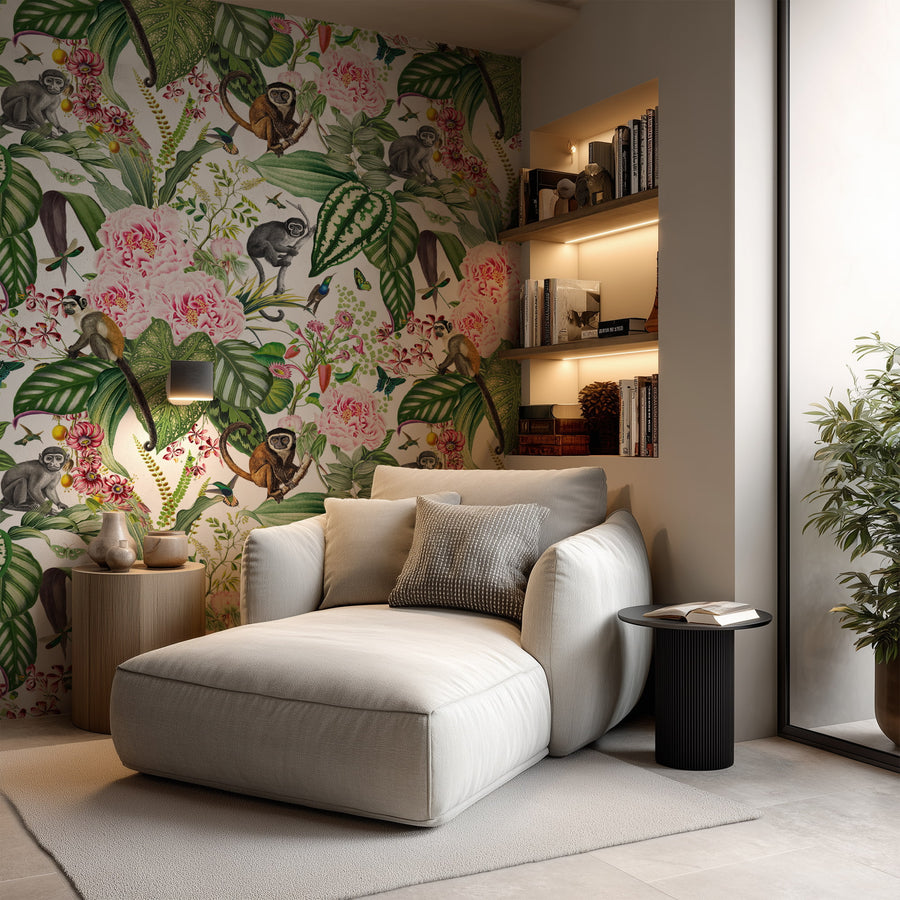 Modern living room with a white sofa, Jungle Paradise Wallpaper with Pink Flowers & Monkeys