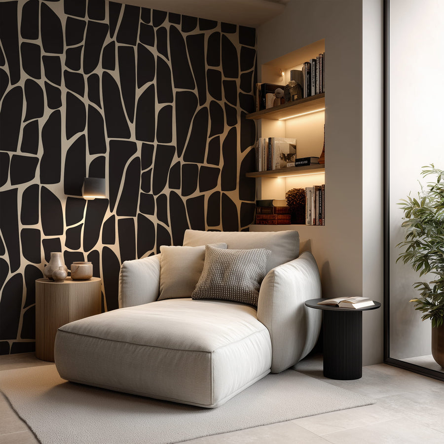 Modern living room with a white sofa against a Black & White Organic Geometric Wallpaper - Abstract Mosaic Shapes