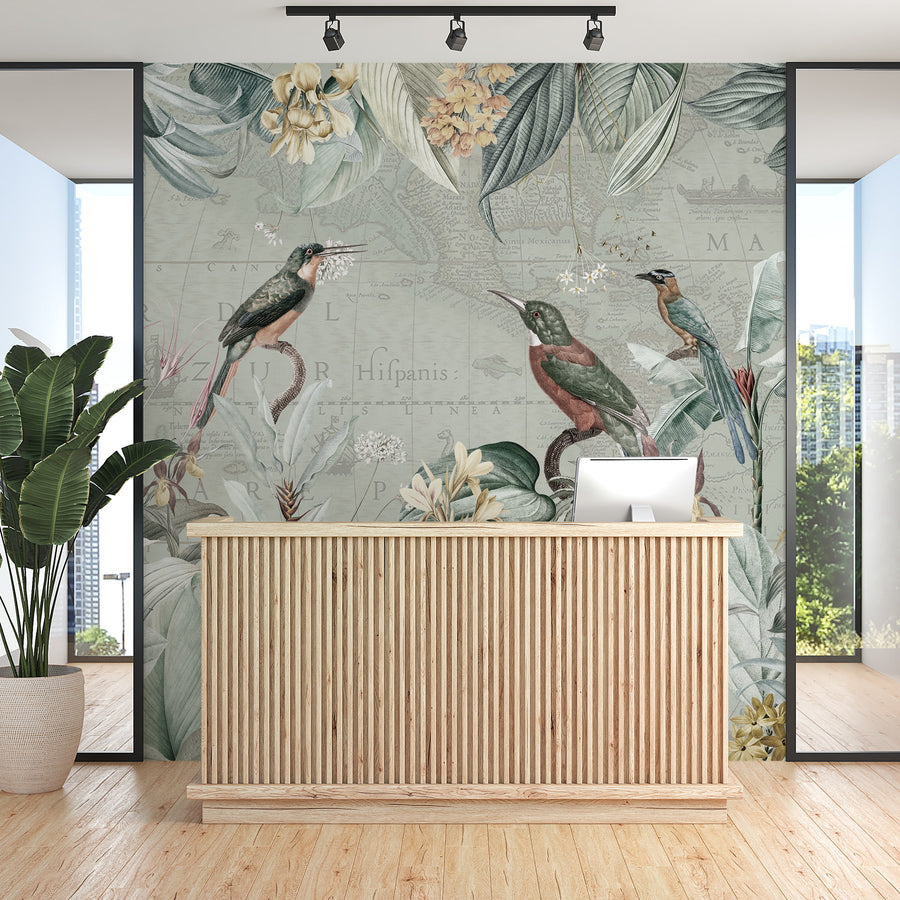 Modern office reception area with a Vintage Tropical Map Wall Mural with Birds & Botanicals
