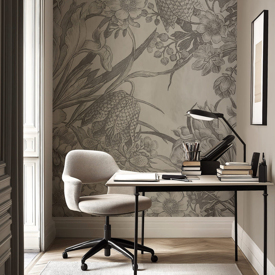 Modern office setup with a desk, chair, and Vintage Etched Tulip & Narcissus Floral Wall Mural