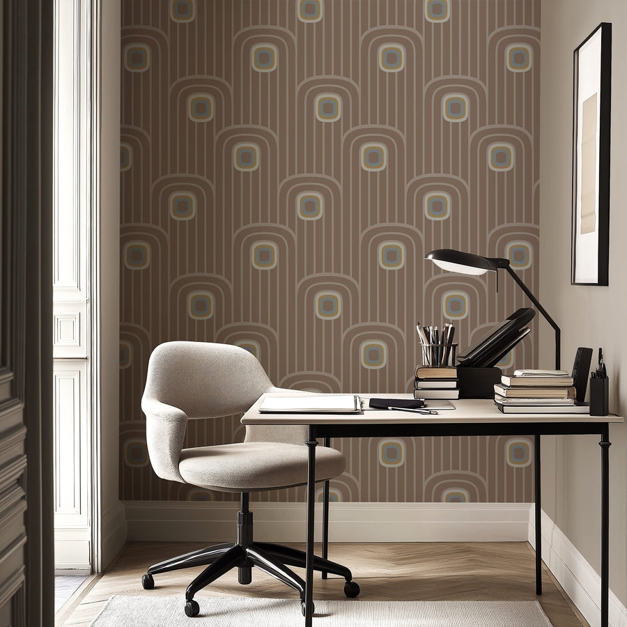 Modern office setup with a desk, chair, and lamp against a Brown 70s Retro Mod Arch Geometric Wallpaper