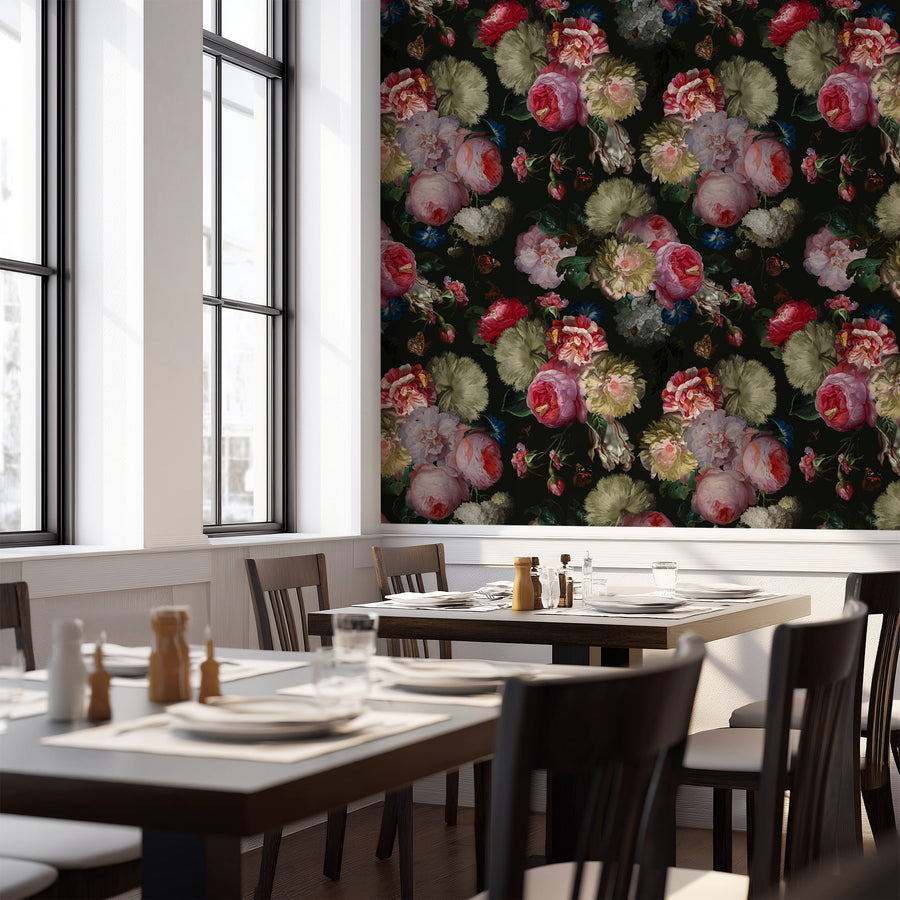 Modern restaurant Dark Floral Wallpaper – Romantic Oil Painted Garden Bloom