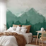 Serene Mountain Forest Wallpaper – Tranquil Green Landscape Mural