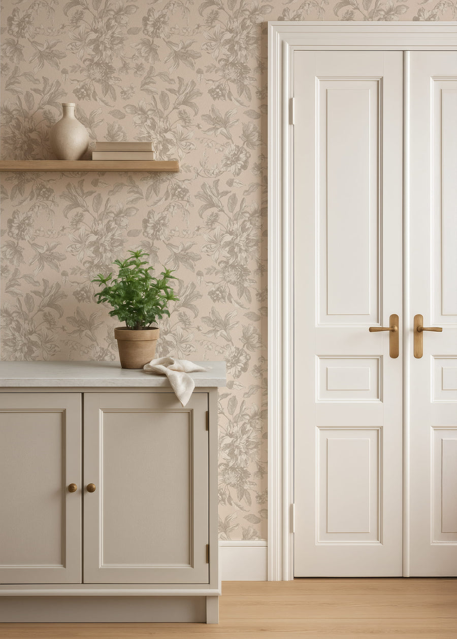 Niche interior with a light-colored cabinet, potted plant, and Neutral Vintage Floral Wallpaper – Gentle Taupe Botanical Pattern