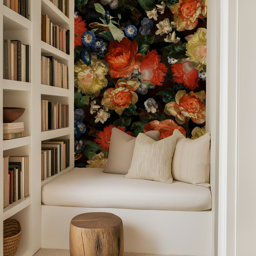 Nook with Moody Floral Wallpaper – Dutch Master Oil Painting cushioned seat, and bookshelf