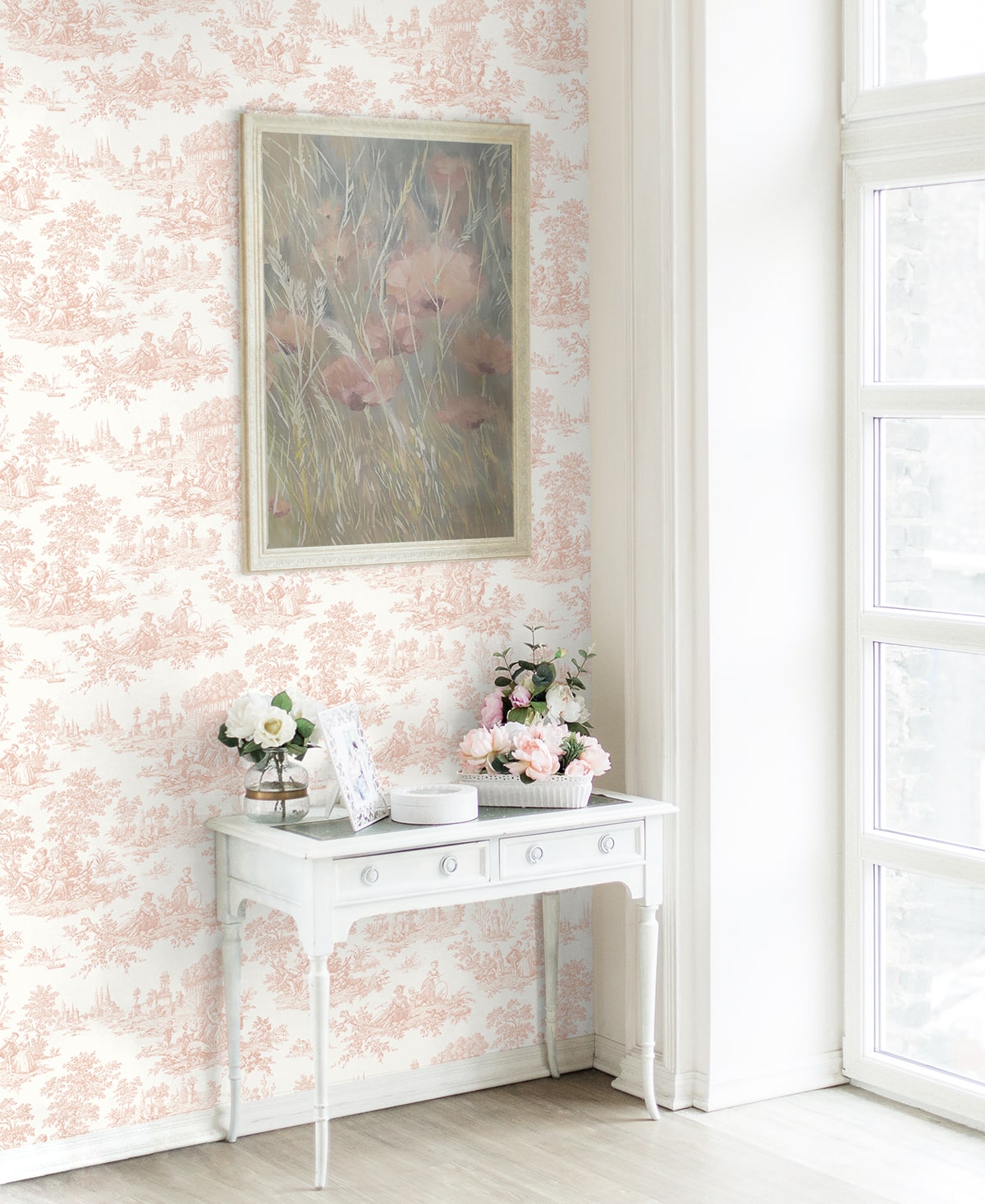 Room interior with floral wallpaper, a white console table, and decorative items.