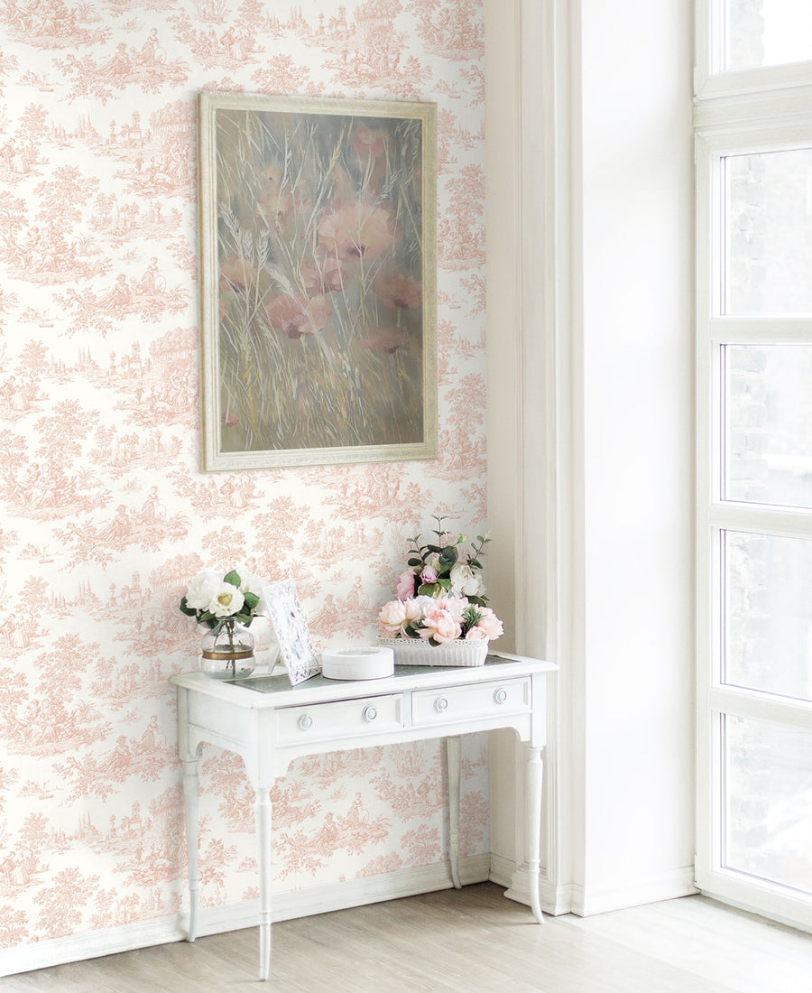 Room interior with floral wallpaper, a white console table, and decorative items.