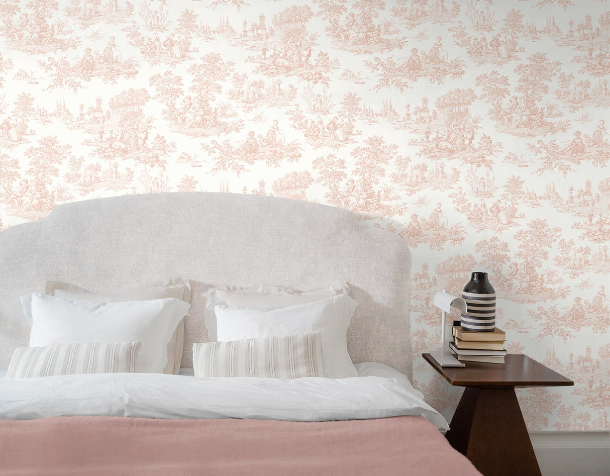 Bedroom with floral wallpaper, bed, and side table.