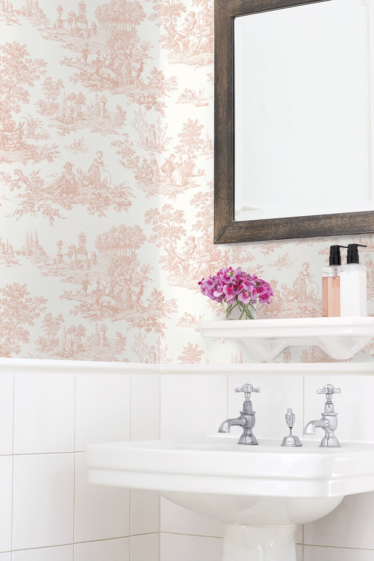 Bathroom with floral wallpaper, sink, and decorative elements.