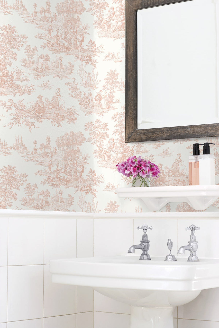 Bathroom with floral wallpaper, sink, and decorative elements.