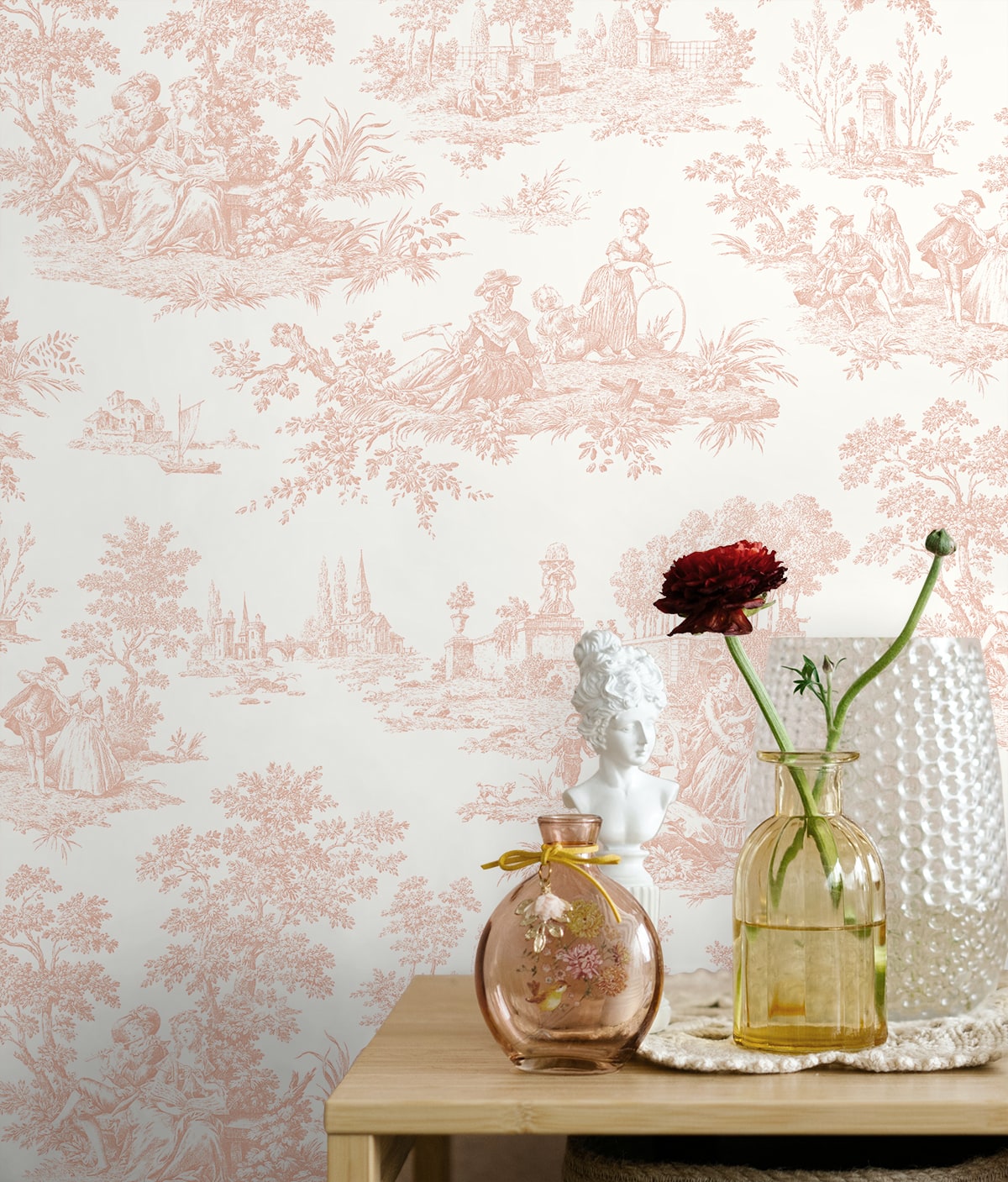 Decorative wallpaper with floral pattern, vases, and flowers on a table.