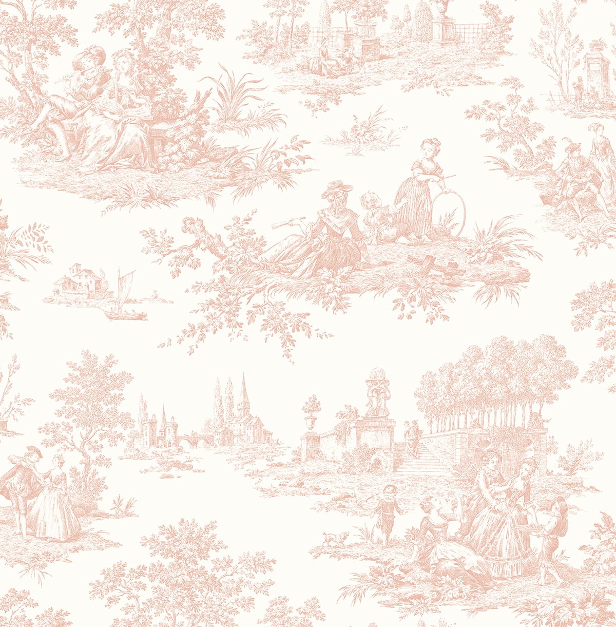 Vintage-style toile pattern with pink and white colors on a white background