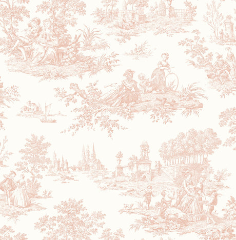 Vintage-style toile pattern with pink and white colors on a white background