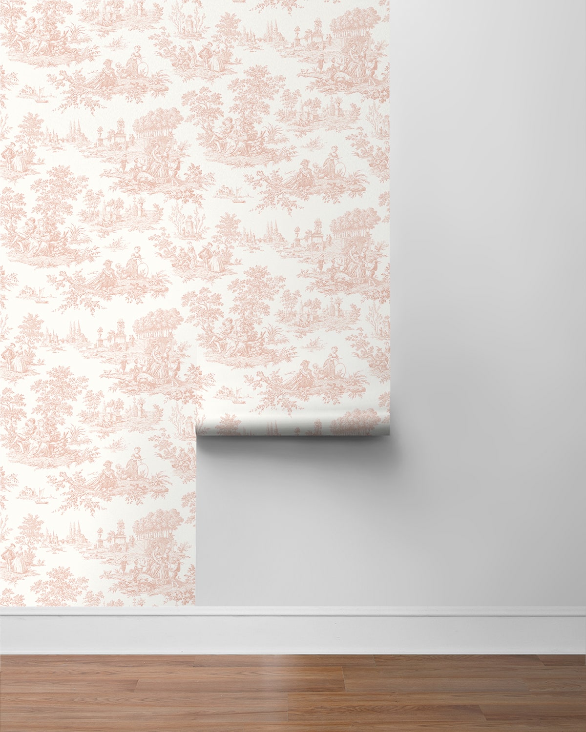 Roll of blush pink floral wallpaper on a white background