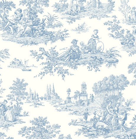 Vintage-style toile pattern with blue figures and scenery on a white background