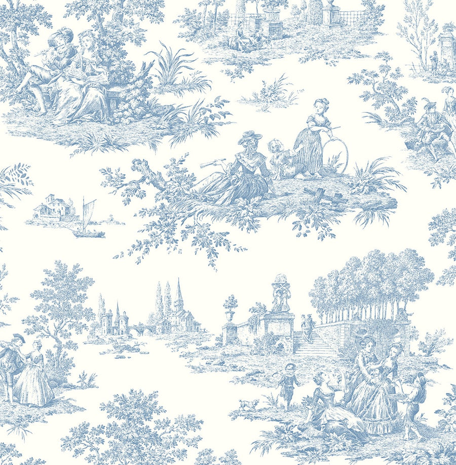 Vintage-style toile pattern with blue figures and scenery on a white background
