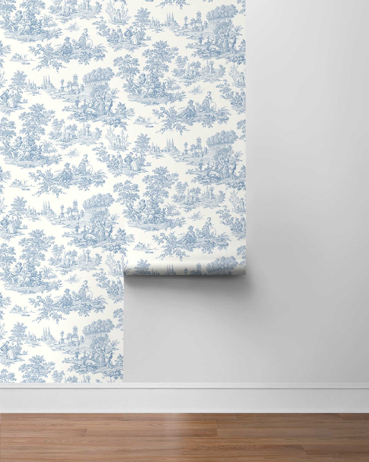 Roll of blue floral toile wallpaper on a white background