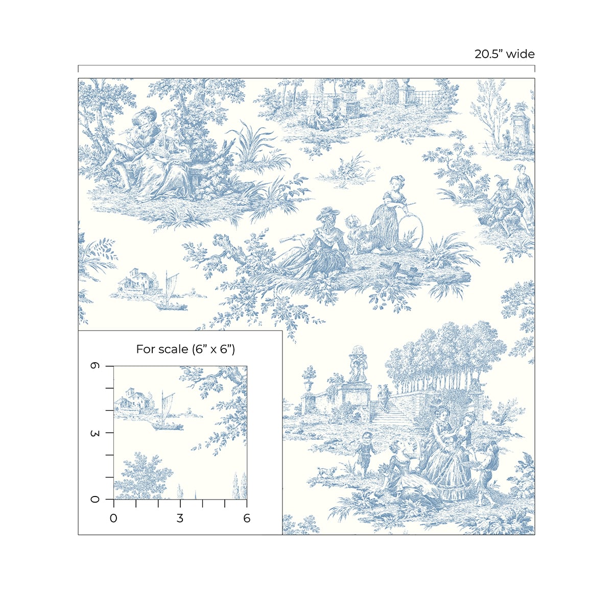 Blue and white toile pattern with scale inset on a white background
